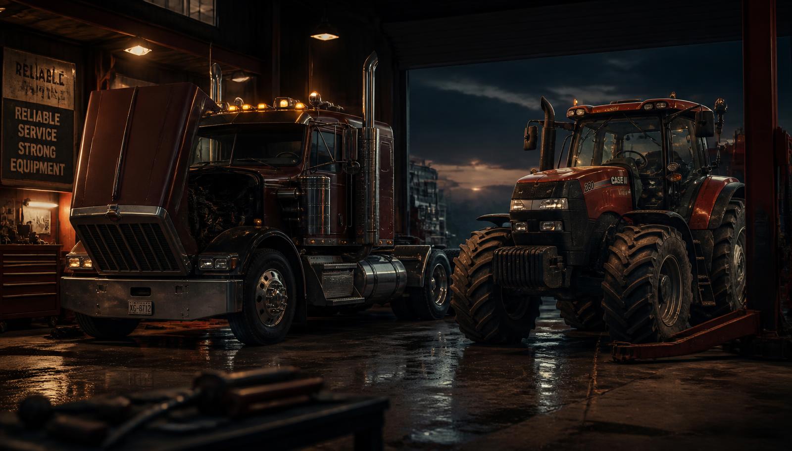Truck and tractor in a service workshop
